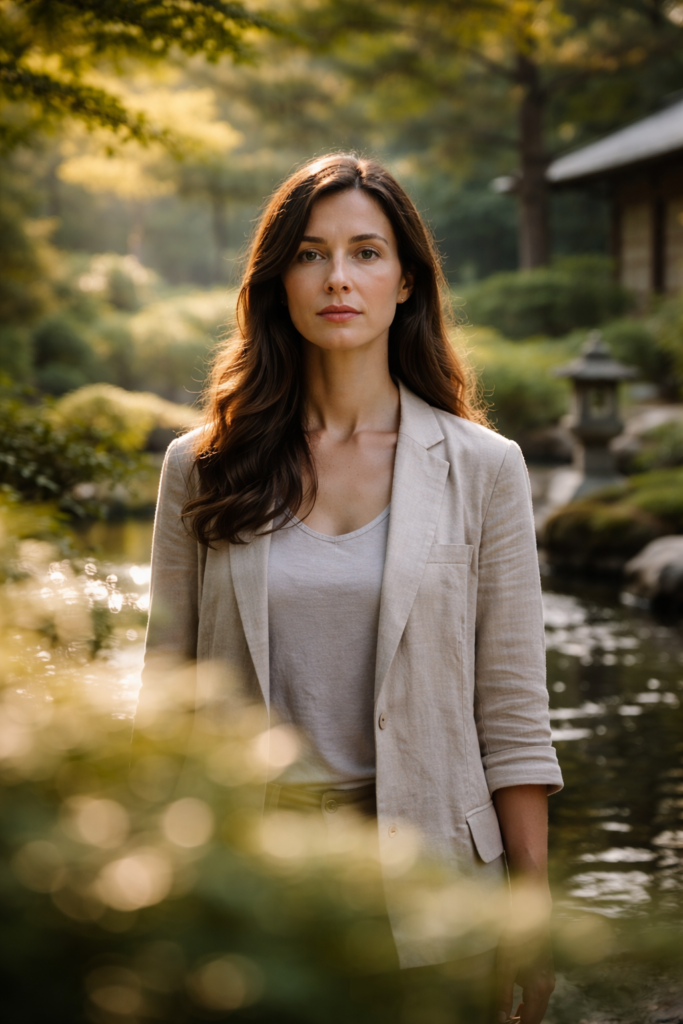 Frau in naturnaher Umgebung mit Wasser und Grünflächen als Sinnbild für bewusste Wahrnehmung durch Naturreize und sensorische Klarheit