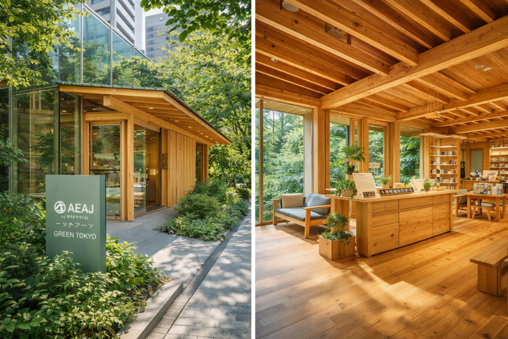 Außenansicht des AEAJ Green Gebäudes in Tokio und Innenraum aus japanischem Zypressenholz mit biophiler Architektur zur Förderung von Duftwahrnehmung und sensorischer Ruhe