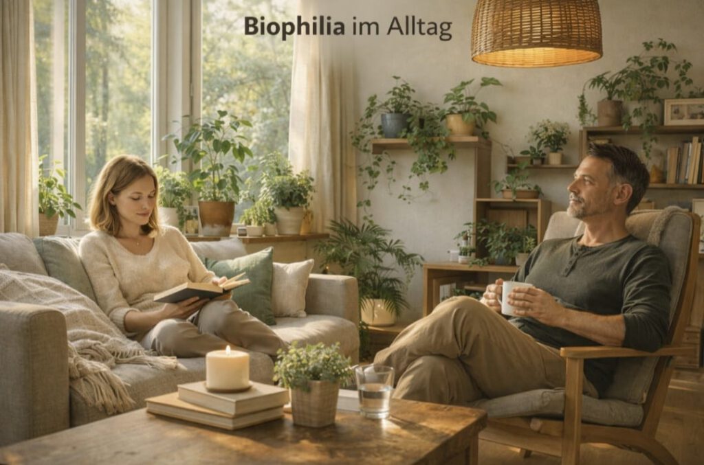 Biophiles Wohnen mit Pflanzen, natürlichen Holzmaterialien und Tageslicht zur Förderung von Wohlbefinden, Ruhe und sensorischer Balance im Alltag
