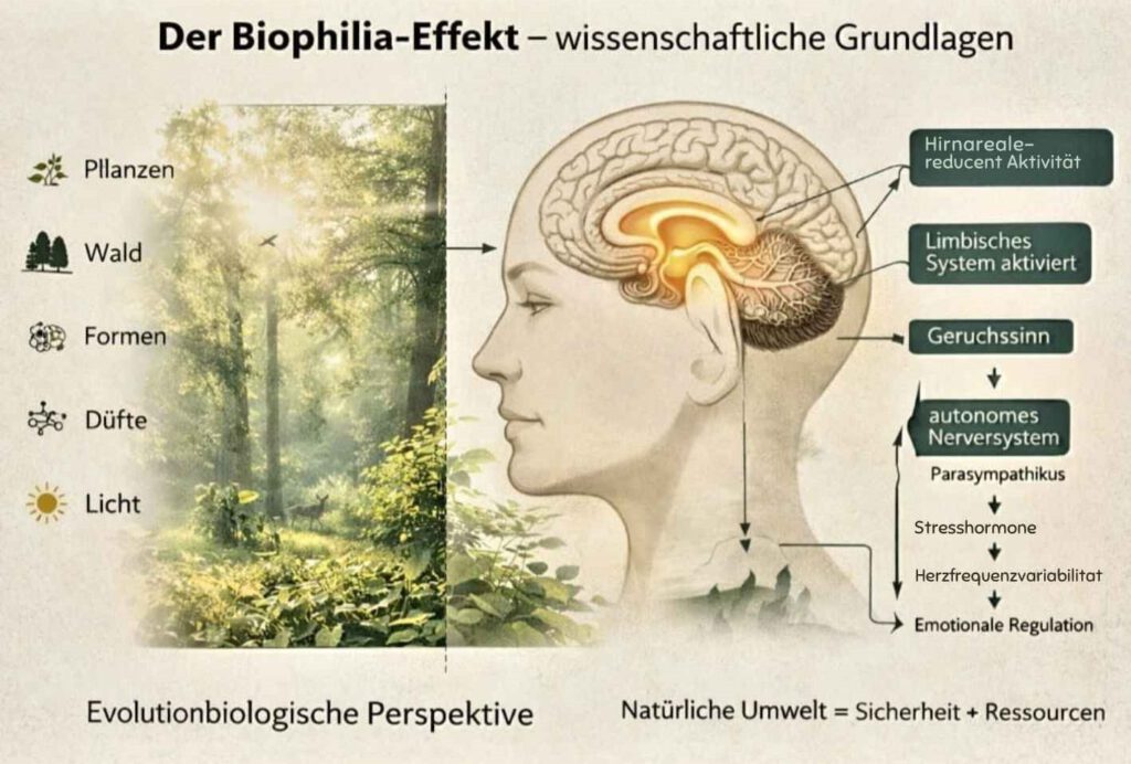 Darstellung der Biophilia Wirkung auf Gehirn und Nervensystem mit Einfluss natürlicher Reize wie Wald, Düfte, Licht und Formen auf Stressregulation und emotionale Verarbeitung