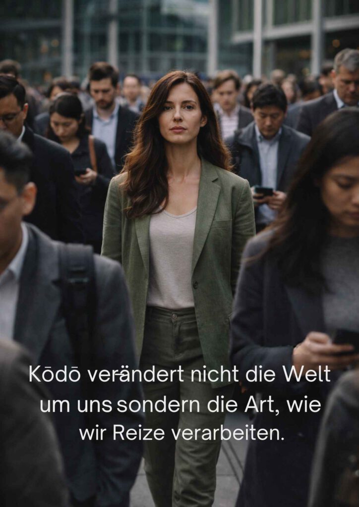 Eine Person läuft ruhig und aufrecht gegen eine graue, hektische Menschenmenge auf einem Stadtplatz und symbolisiert das Kōdō-Prinzip der bewussten Reizverarbeitung durch Duftwahrnehmung.