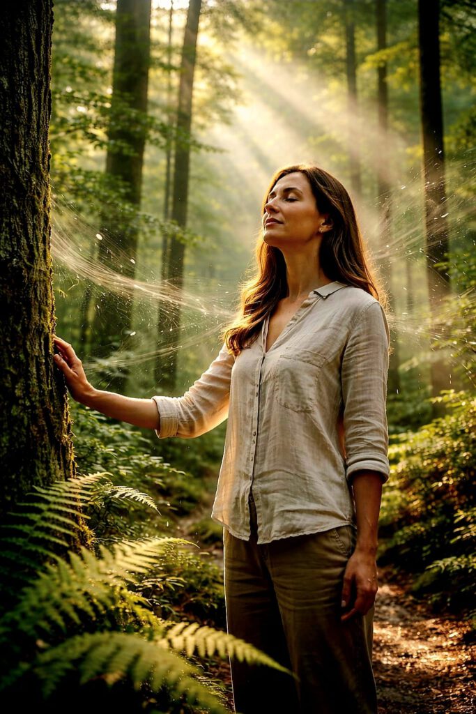 Shinrin Yoku Waldbaden – Mensch im Wald nimmt natürliche Phytonzide und Terpene bewusst über die Sinne auf