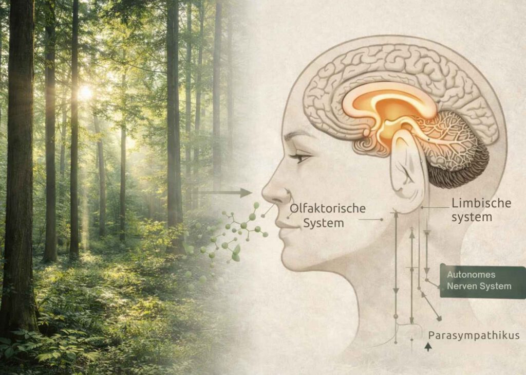 Illustration zur Wirkung von Shinrin yoku: Waldluft und pflanzliche Duftstoffe beeinflussen über den Geruchssinn das limbische System und das autonome Nervensystem